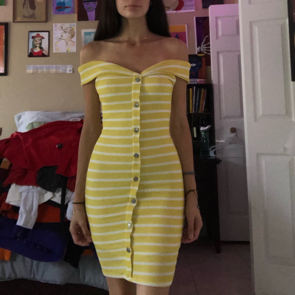 Off the shoulder, striped dress.